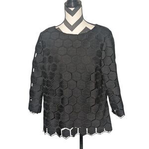 RSVP by Talbots L Black Geometric Honeycomb Lace Blouse